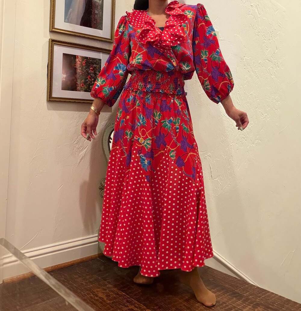 Vintage 80s Susan Tudor Floral and Polka Dot Ruffle Smocked Waist Maxi Dress